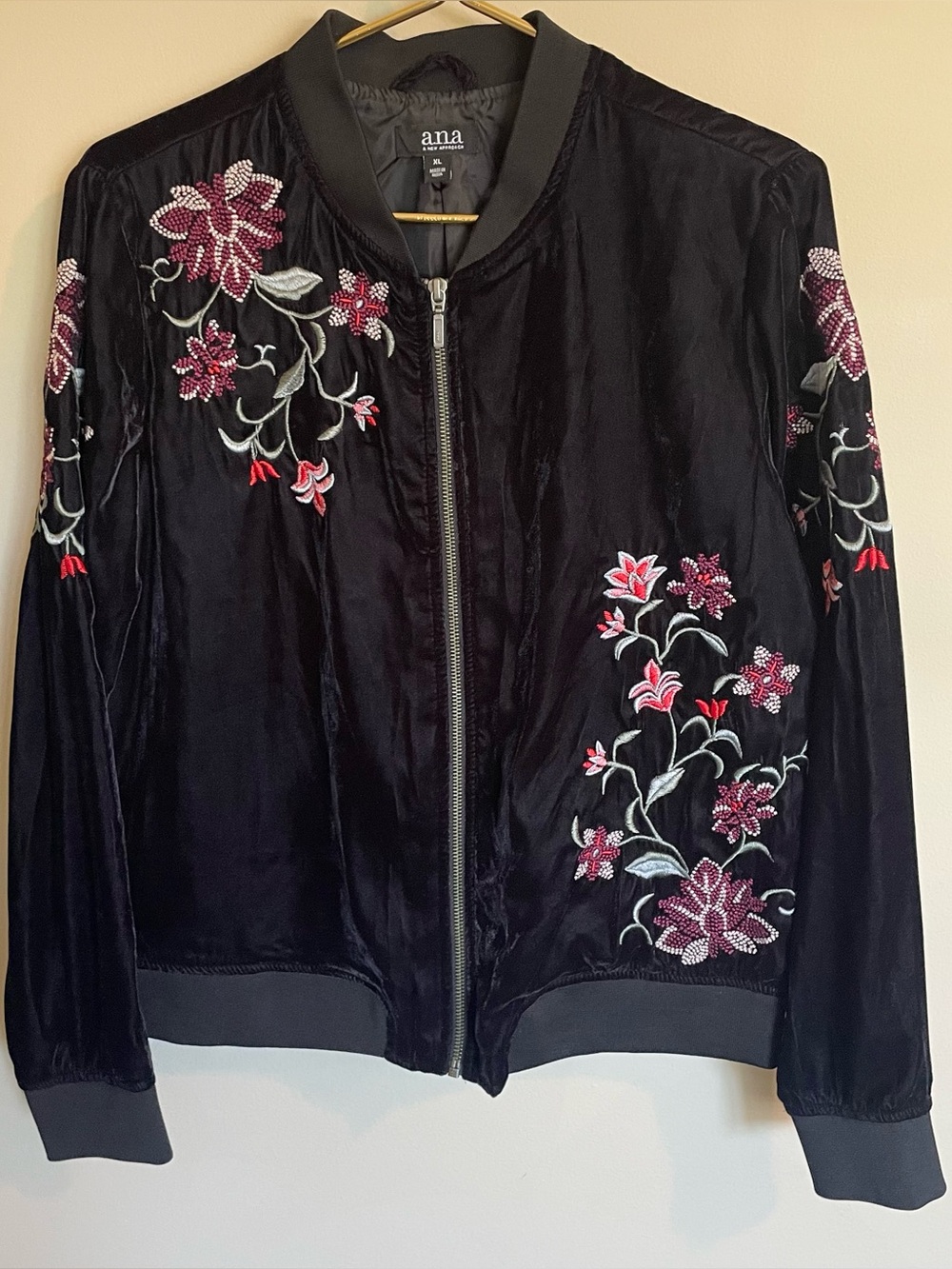 a.n.a Black Velvet Bomber Jacket with Pink Floral Embroidery